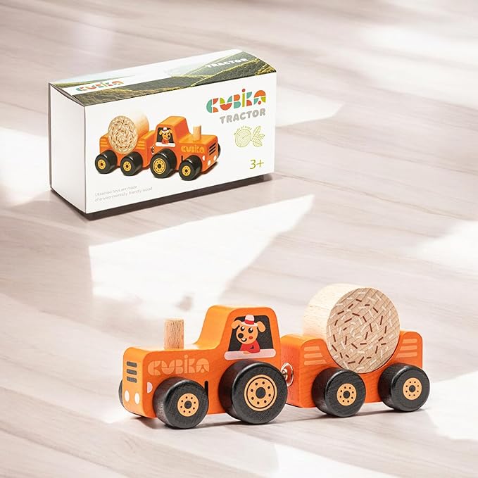 CUBIKA Wooden Toy Tractor – Montessori Toy for Toddlers Ages 3+ – Wooden Tractor with Magnetic Fasteners – FSC-Certified Wood, German Water-Based Paints – Travel-Friendly Fine Motor Toy