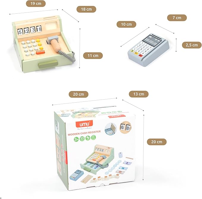 UMU® Wooden Cash Register for Kids - Includes Accessories (Scanner, Payment Terminal, Play Money, etc.), Role Play Shop & Accessories for Children Ages 3 4 5 6