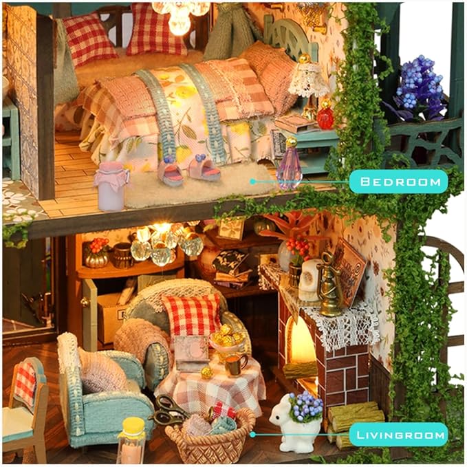 Yuzhen DIY Miniature Dollhouse with Furniture and LED Lights, Wooden Dollhouse Includes Dustcover and Music Movement