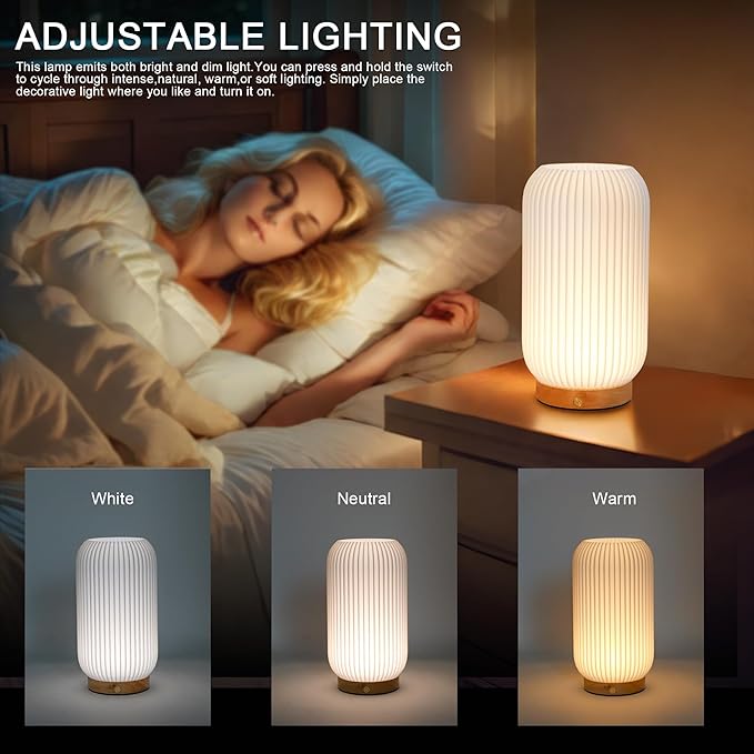 JHY DESIGN 3-Color Light Source Dimmable Touch Bedside Lamp 9" H Rechargeable Button Control Table Lamp 3D Printed Nightstand Lamp with Woodbase for Bedroom Living Room Indoors(White, Type-C Charging)