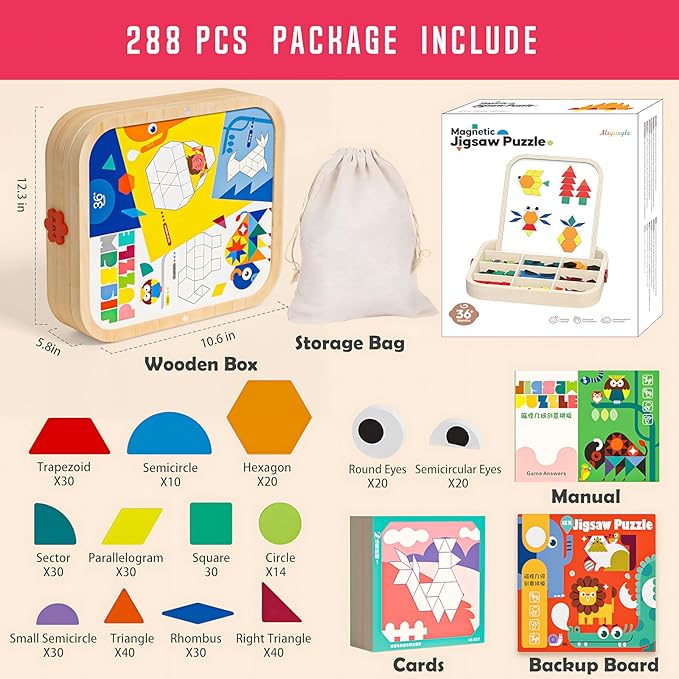 288 PCS Wooden Magnetic Pattern Blocks Set – Montessori Tangram Puzzle with Pattern Cards & Storage Bag | Preschool Montessori Brain Teaser, STEM Gift for 3-8 Years Old Toddler Kids