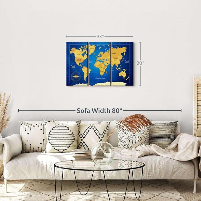 ElephantStock Yellow Longitude World Map Multi Piece Canvas - 3 Panel Wall Decor - Map of the World Art - Canvas for the Office and Home - 33" X 20"