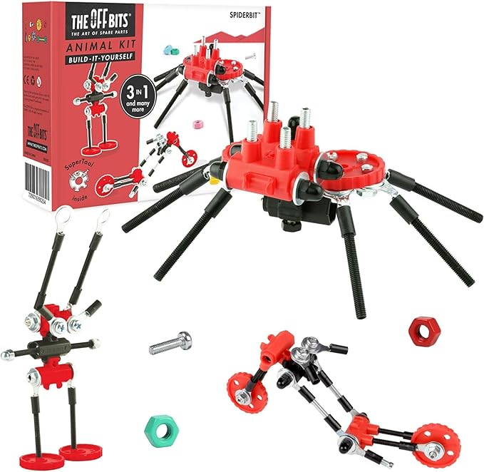 The Off Bits Erector Set: Animal Mini STEM Toys for Kids 6+, Toy Building Sets with Nuts & Bolts, STEM Building Toys Gifts for Boys and Girls (Red Spider)