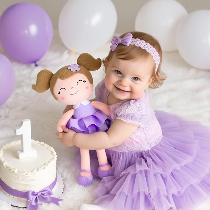 Gloveleya Princess Tutu Doll – 14 Inch Soft Plush Baby Doll for Girls with Purple Dress & Gift Bag, First Baby Doll for Toddler Girls, Birthday Present, Baby Shower & Holiday Keepsake