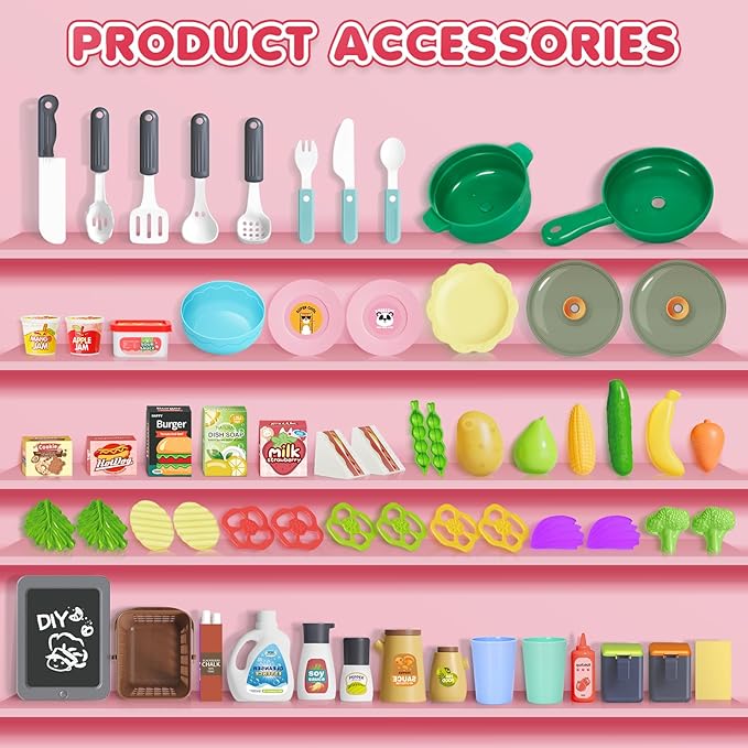Red Kids Play Kitchen Set, Toddler Kitchen Playset with Sound & Light, Cooking Stove with Steam, Play Sink, Play Food Toy and Kitchen Accessories, Kitchen Toy for Kids Girls Boys - Red