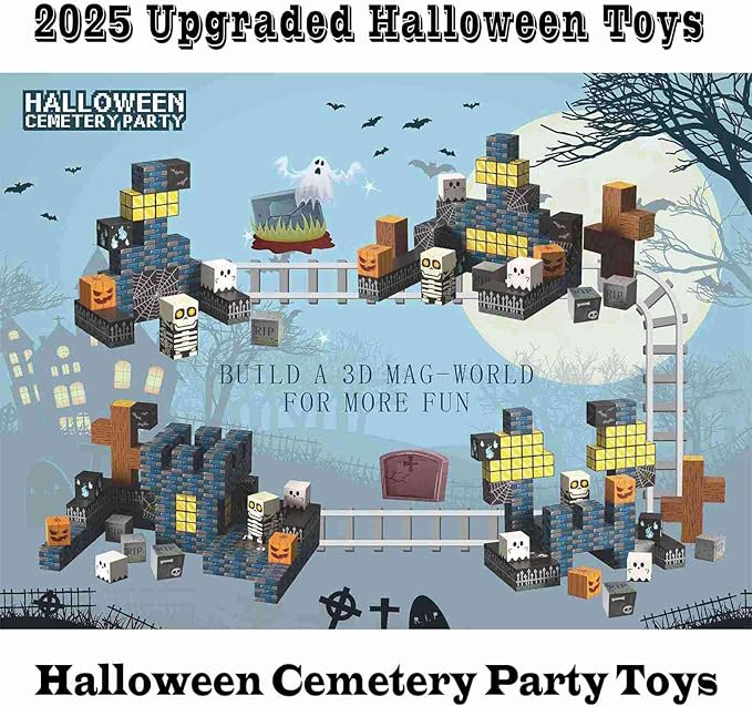 Halloween Themed Magnetic Blocks for Kids Skeleton Toys Spooky Town Building Kit Halloween Party Favors Gift for Children & Adults(1 inch)