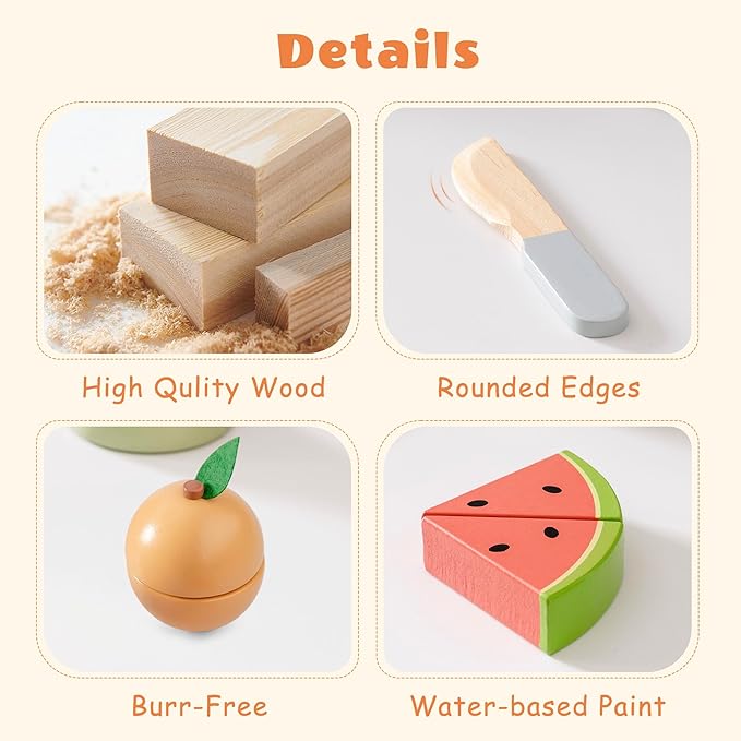 ROBOTIME Wooden Play Food Cutting Fruit Set, Pretend Play Toy Food for Play Kitchen with Shopping Bag – Kids Kitchen Accessories, Wooden Fruit Toys for Kids Boys Girls
