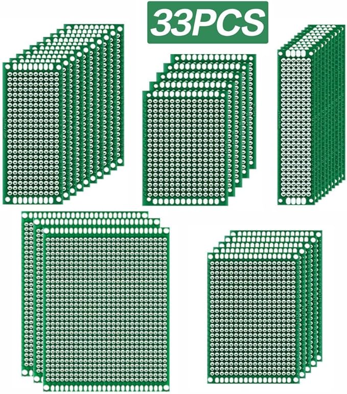 33pcs double-sided PCB prototype circuit board kit, 5 sizes of green universal printed circuit boards, can be used for electronic component soldering, suitable for DIY soldering projects.