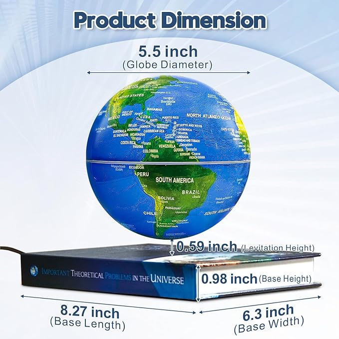 Flagest Magnetic Levitation Floating Globe - 6" Rotating Globe Book Base - Gradient Night Light - Blue - North America & Europe Map - ABS Material - Birthday &