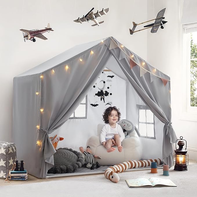 Kids Play Tent with Mat, Razee Large Playhouse Tent Indoor, Play House Kids Tent Castle for Girls Boys, Play Cottage (Grey)