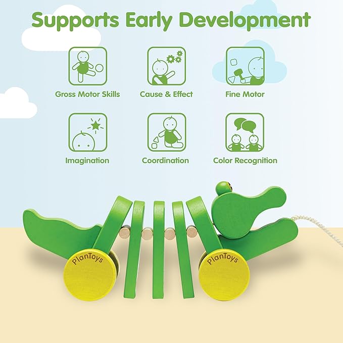 PlanToys® Dancing Alligator Pull Toy for Toddlers | Eco-Friendly Wood Toy with Click-Clack Sound | Walking Toy for Babies