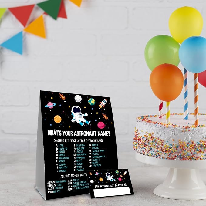 What is Your Astronaut Name Game, Game Sign and 30 Cards, Astronaut Birthday Party Sign for Boys and Girls, Holiday Activity, Kids Astronaut Activity Cards, Astronaut Activity Decoration Supplies