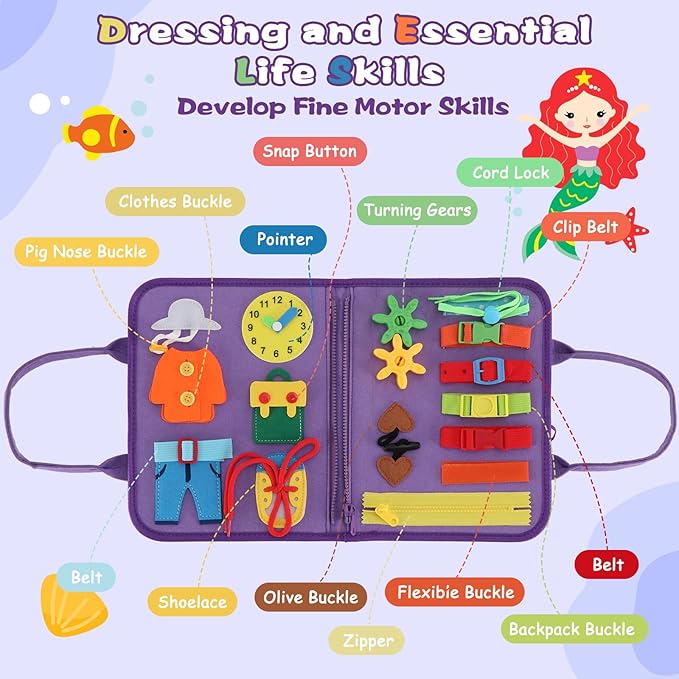 Montessori Busy Board for Toddlers 1-3, Soft Sensory Activity Book with Life Skills, Cognition, Sorting, Matching, Travel Toys for Airplane Car, Gift for Girls Boys 2-4 Years Old (Mermaid)