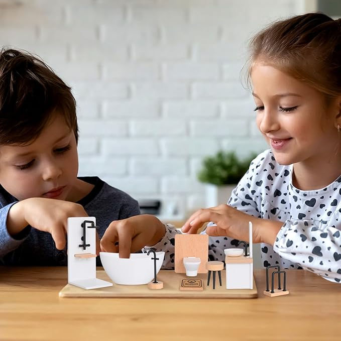 NUOBESTY Dollhouse Bathroom Set, 1 12 Scale Dollhouse Furniture 8pcs Miniature Doll House Bathroom Accessories with Mini Bathtub, Toilet, Shower Room for Doll House Decor Accessories