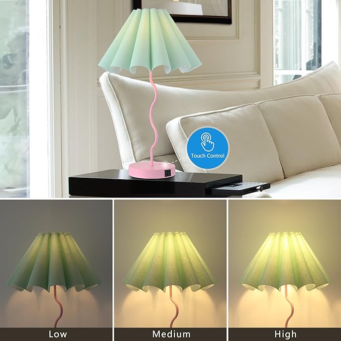 Table Lamp for Bedroom Nightstand Modern Touch Green Pink Lamp Dimmable Lamp for Living Room End Table with USB Port and Outlet