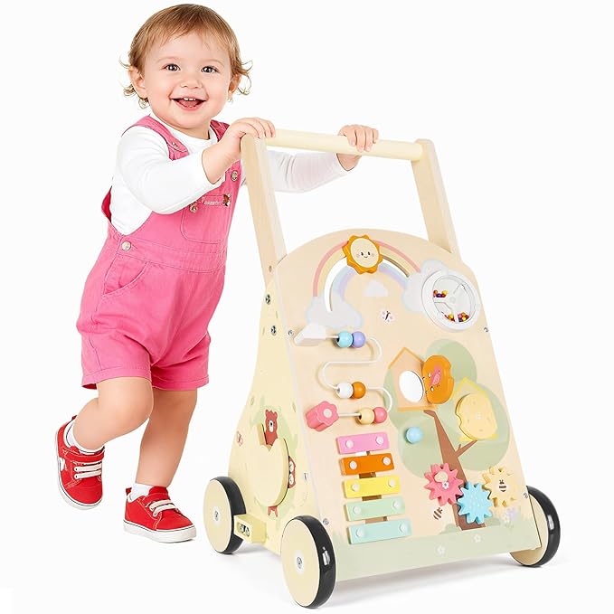 Wooden Baby Walker for 12 Months+, Montessori Push Walker for Babies Learning to Walk, Walker Toy Activity Center Adjustable Speed & Height, Wood Push Toy for Boys Girls 1st Birthday Gifts