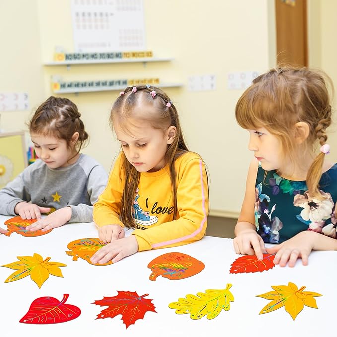 Eternity sky 64 Sets Fall Thanksgiving Crafts Colorful Leaves Pumpkin Scratch Art, Autumn Magic DIY Kit Classroom Activities Party Favors