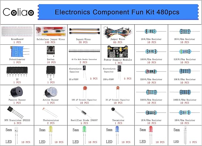 480pcs 37 Values Electronics Component Fun Kit with Power Supply Module, Jumper Wire, 830 tie-Points Breadboard, Precision Potentiometer, Resistor
