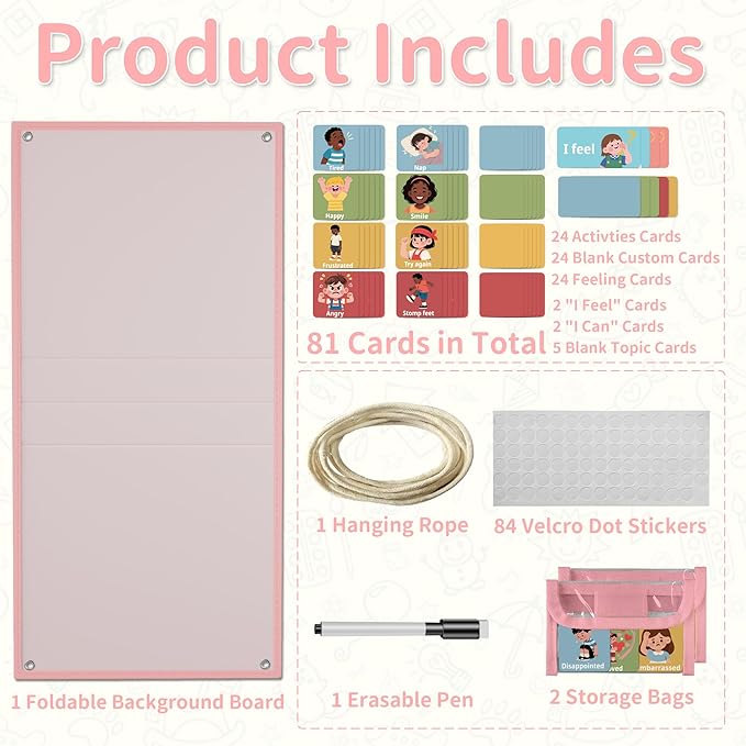 Yoink 81 Cards Feelings Chart for Kids, Emotions Chart Poster for Coping Skills, Mental Health Chart for Toddlers Emotional Learning, Calm Down Corner Supplies Preschool Homeschool Must Haves, Pink