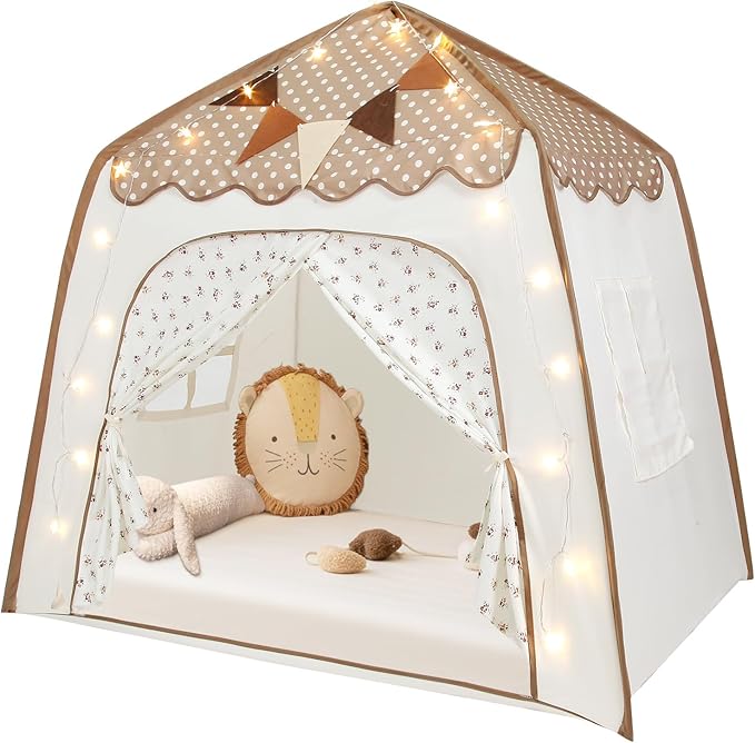 Toddler Bed Tent, Kids Play Tent with Flags, Star String, Portable Bed Canopy for Boys & Girls, Children, Indoor Outdoor Dome Playhouse, Brown Dots & Floral Pattern, 51" x 39" x 51"