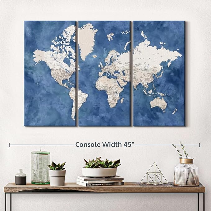 ElephantStock Detailed World Map With Cities I Wall Art - Horizontal Canvas - 3-Piece Living Room Decor - Watercolor Map Canvas Print - Beige and Blue Wall Decor by Blursbyai - 38" X 24"