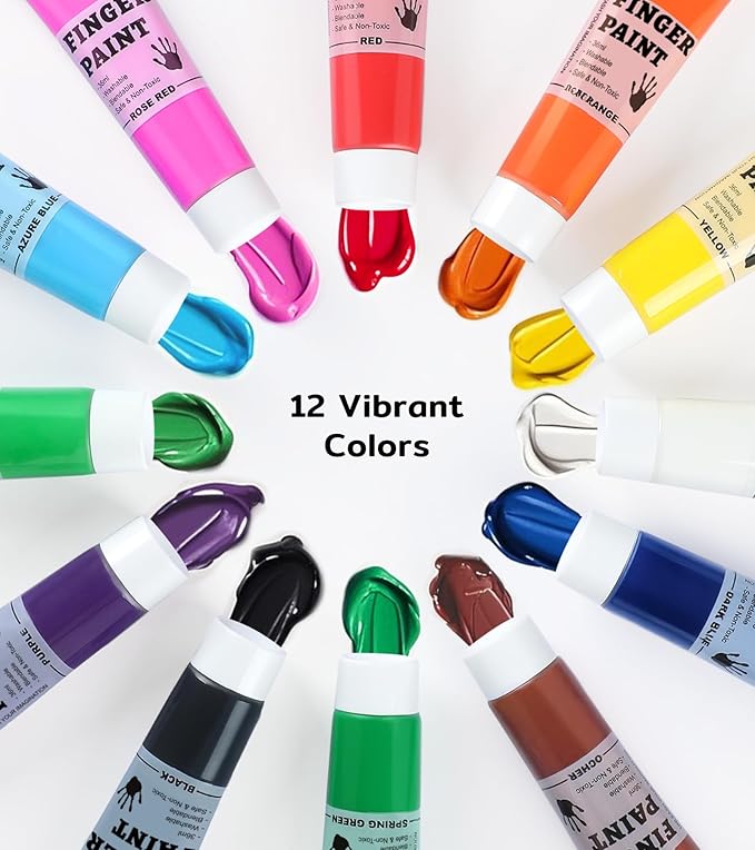 TMOL Washable Finger Paint for Toddlers, 27 PCS Non-Toxic Finger Paints, 12 Vibrant Colors (1.21fl oz), Baby Paint for Hand and Feet, Safe Art Supplies, Early Learning Gifts for Kids Age 3+
