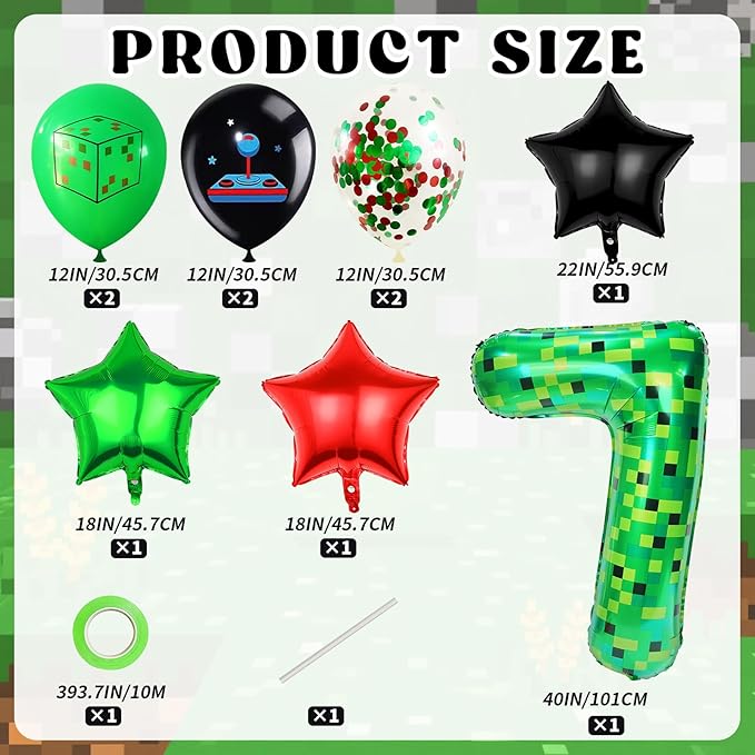 40in TNT Pixel Number 7 Balloon Birthday Decorations, Miner Theme Green Foil Balloons Blast Gaming Party Supplies
