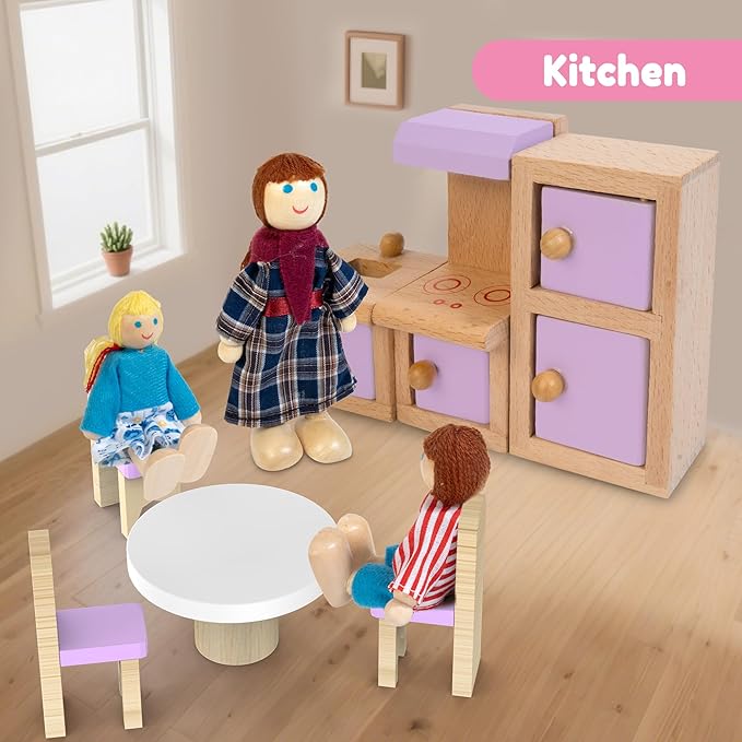 26pcs Wooden Dollhouse Furniture Set with 4 Family Dolls, Pink Dollhouse Accessories for 4 Rooms, Pretend Play Furniture Toy, Birthday Gift for Girls Boys Age 3 4 5 6 Years Old