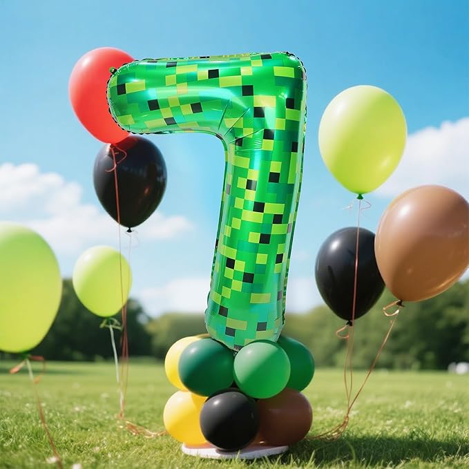 40in Pixel Giant Number 7 Balloon Birthday Decorations, Miner Theme Green Foil Balloons Blast Gaming Party Supplies