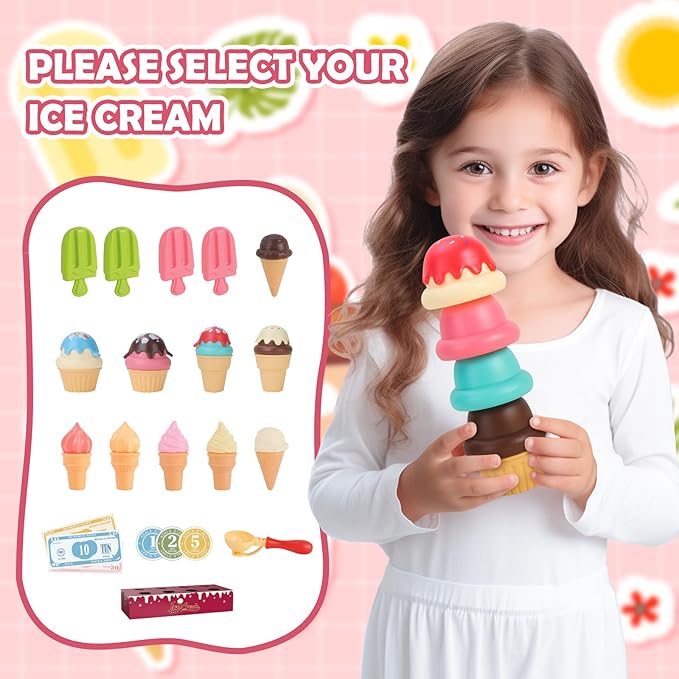 Icecream Cart for Kids,30 Pcs Pretend Play Food Truck, Fort Building STEM Toys Kit ,Ice Cream Shop,Grocery Store Pretend Play,Kids Toys for Girls & Boys(Ages 3+)