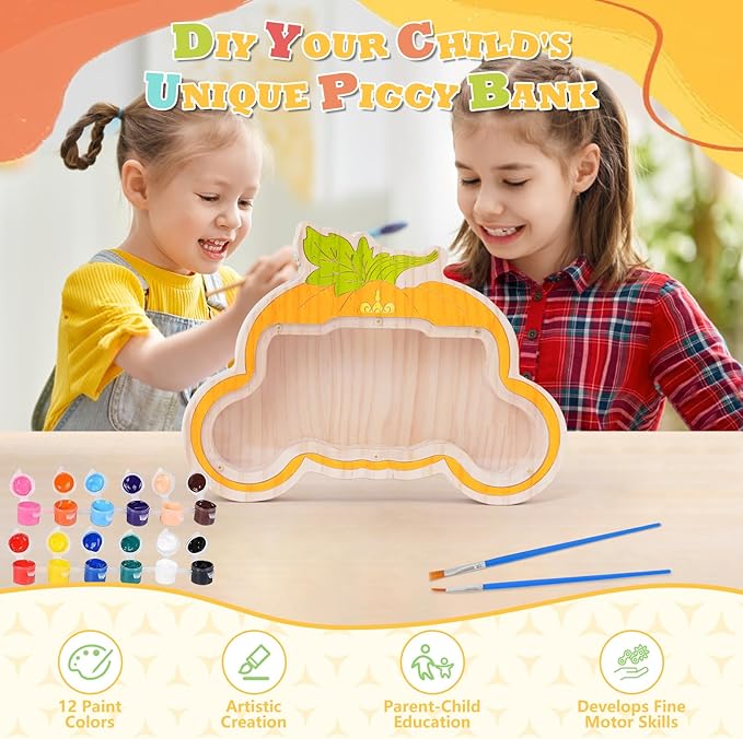 Wooden Piggy Bank for Kid, DIY Night Light Personalized Money Bank for Boy, Girls, Unbreakable Saving Box with Paintbrush and 12 Paints, Coin Jar Gifts for Kid Birthday&Decor (Carriage)