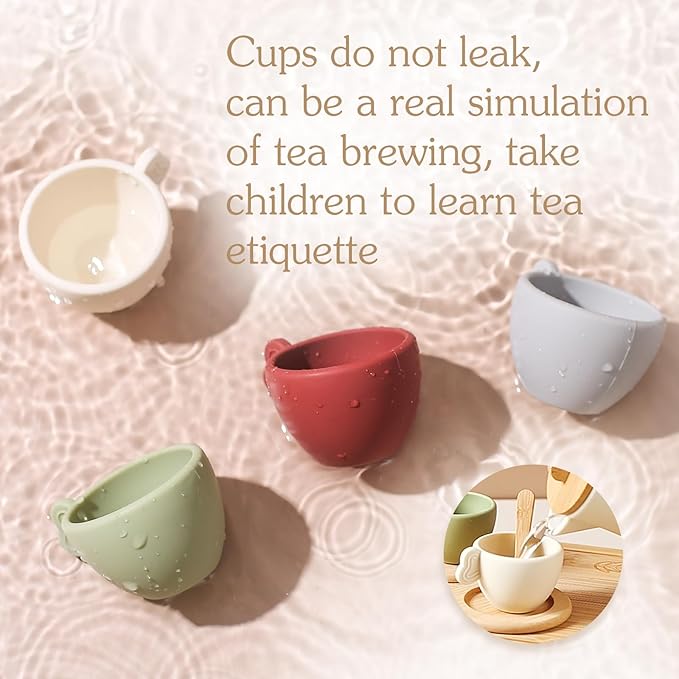 Wooden Tea Party Set for Little Girls 14pcs Toddler Tea Set with Silicone Teapot Cups Carrying Tray Scoop Kids Kitchen Accessories Pretend Play Wooden Toys for 3 4 5 6 Year Old Girl Birthday Gift