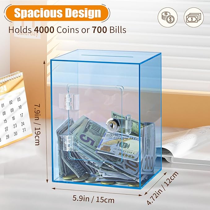 Hicocool Clear Piggy Bank with Lock, Acrylic Piggy Bank for Adults Kids Openable, Reusable Money Saving Box with Key for Birthday (Blue)