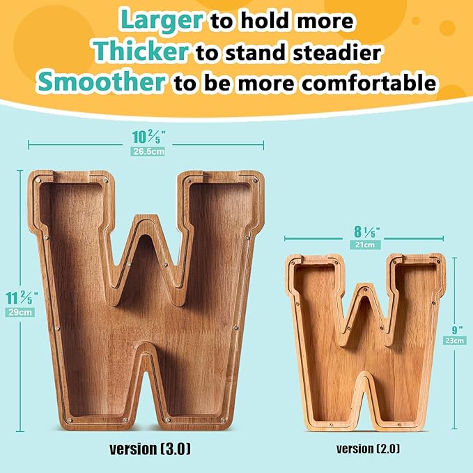 Summidate Customized Name Extra Large Wooden Piggy Bank for Kids Boys Girls Alphabets Letter A-Z Coins Bills Money Change Saving Box Clear Cover (Laser Engraved) Educational Toys 12"- Letter W