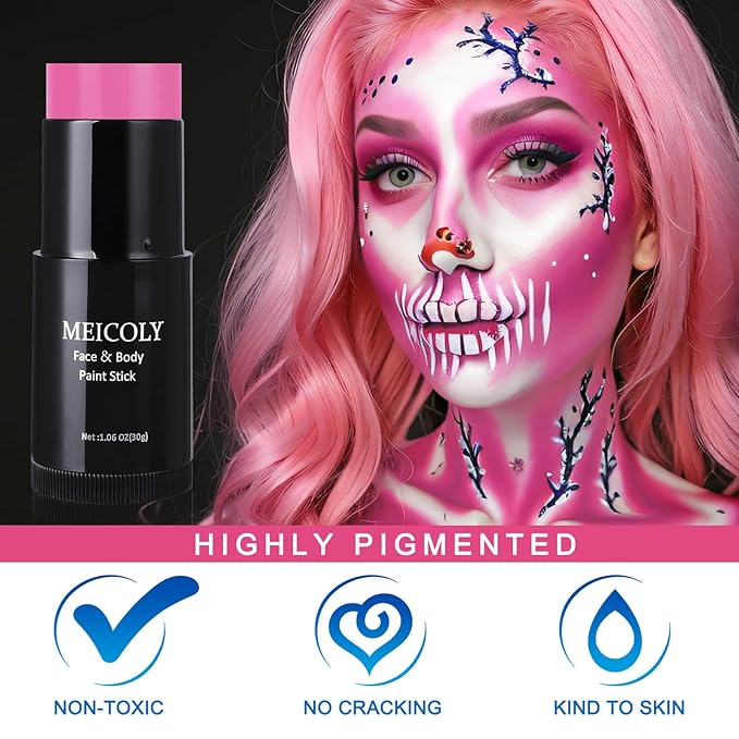 MEICOLY Pink Face Body Paint Stick(1.06 Oz),Blendable Halloween Face Paint ,Pink Accessories for Spirit Week,Sweatproof Waterproof Body Paint Makeup Oil Based Stick for Special Effects SFX Cosplay