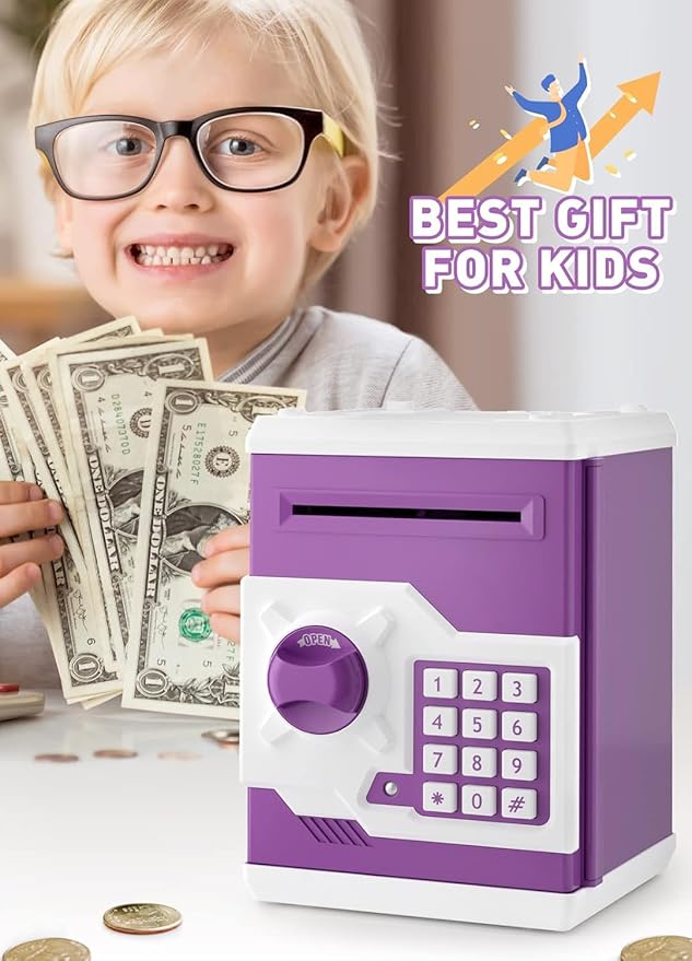 Piggy Bank for Girls Boys Large Electronic Money Coin Banks with Password Protection, Automatic Paper Money Scroll Saving Box, Great Gift for Kids (Purple-White)