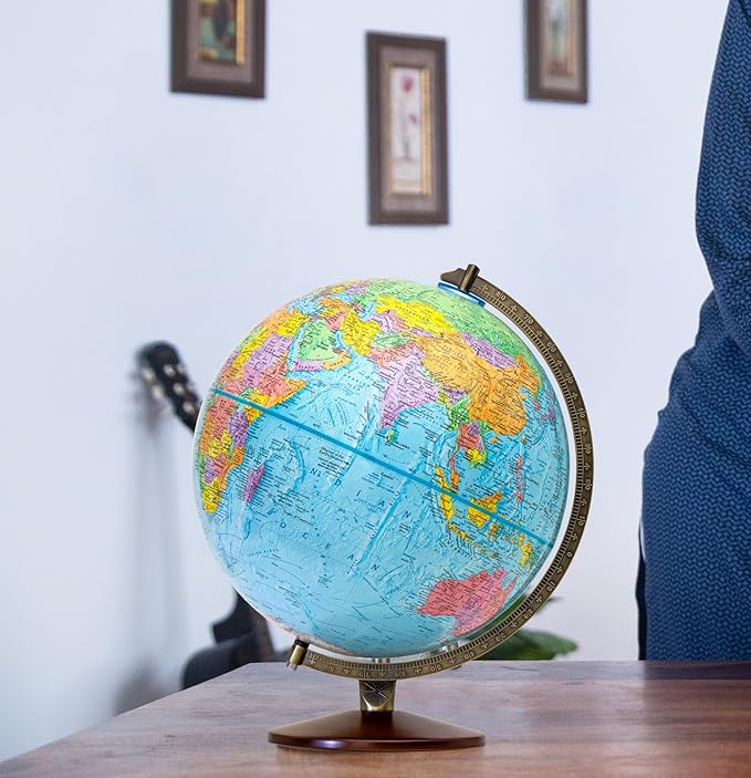 Replogle World Globe with Stand, 12 Inch diameter globe with 3-D Raised Relief Texture. Perfect for Children And Kid's Classroom and home Decor, Made In USA. (Non-Illuminated Presscraft Blue)