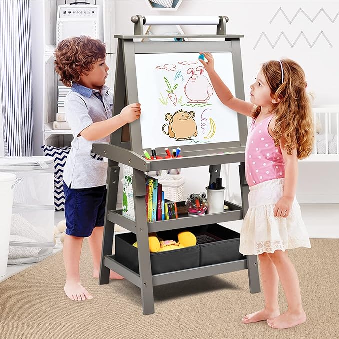 Costzon Kids Art Easel, 3 in 1 Double-Sided Wooden Easel w/Magnetic Whiteboard, Chalkboard & Paper Roll, 2-Tier Rack w/ 2 Storage Boxes, Standing Easel for Kids, Toddlers, Boys, Girls (Grey)