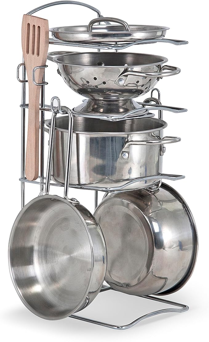 Melissa & Doug Stainless Steel Pots & Pans, 8 Piece Play Kitchen Set, Premium Play Kitchen Accessories & Cooking Utensils, Preschool Toys for Kids 3+