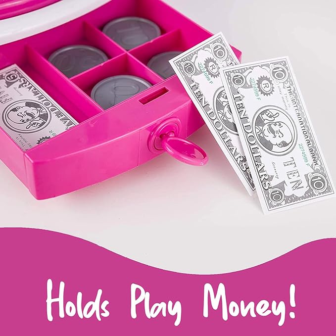 Pretend Play Pink Cash Register Toy - Learn & Play Shopping Kids Toys with Electronic Mic, Scanner, Calculator, Play Food, Fake Money and Basket