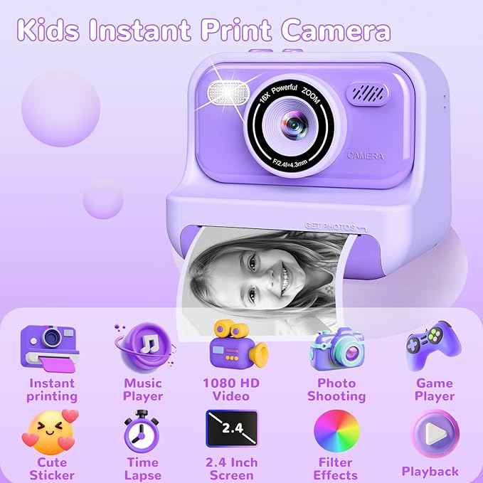 Kids Instant Print Camera with 2.4 Inch Screen, Christmas Birthday Gifts for Girls Age 3-12, 1080P Digital Camera, Portable Toddler Travel Toy for 3 4 5 6 7 8 9 10 Year Old Girls, Purple