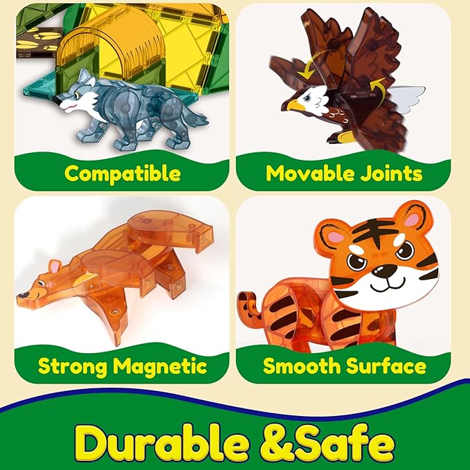 Oriate Magnet Wild Animals for Magnetic Tiles, 5pcs Movable Joints Zoo Animals for Magnetic Blocks, Animal Toys Compatible with Magnetic Tiles, Educational Magnetic Building Tiles for Kids