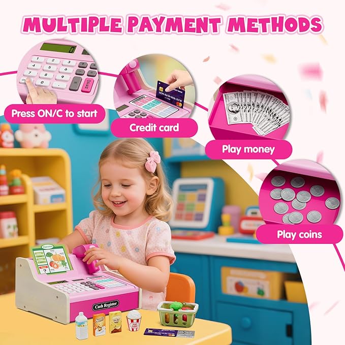 Wooden Cash Register for Kids with Real Calculator, Rechargeable Cash Register Toy with Scanner/Play Money/Food/Credit Card/Menu, Pretend Play Toys Gifts for Boys Girls Ages 3-8,Color