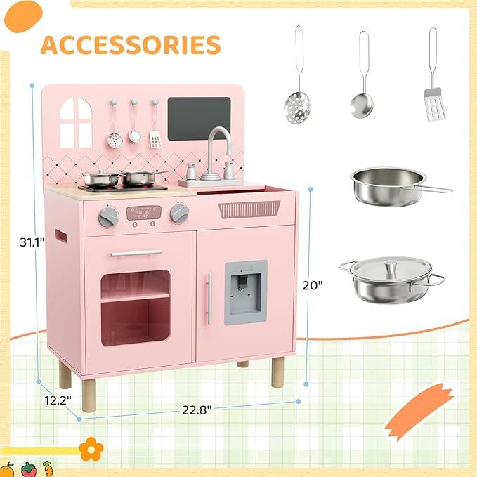 MAMIZO Wooden Kids Play Kitchen Set with Real Lights & Sounds, Interactive Pretend Kitchen with Knob Sounds, Sink, Water Dispenser, 6 Pcs Cookware & Chalkboard Panel for Toddlers and Children (Pink)