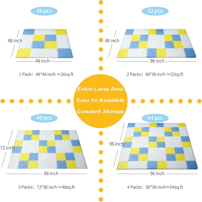 Foam Floor Mats for Kids, 12 x 12 Inch 16 Tiles 0.4" Thickness Foam Play Mat, Non-Toxic Square Interlocking Floor Mats Rubber Baby Play Mat for Toddlers(White/Yellow/Gray Blue)