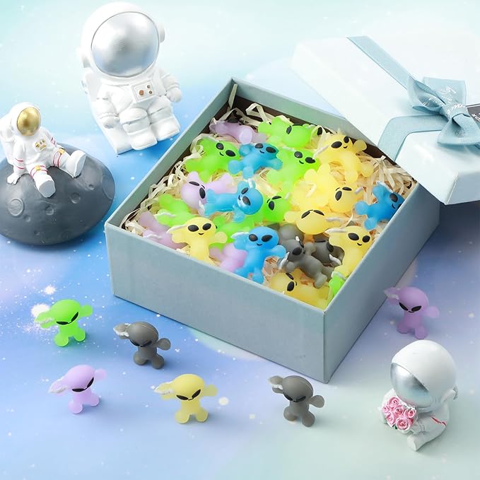 20 Pcs Colorful Mini Alien Figures Glow in The Dark Small Little Tiny Aliens Figurine Space Ship Toy Space Party Favors Prank Rubber Bag Piñata Filler