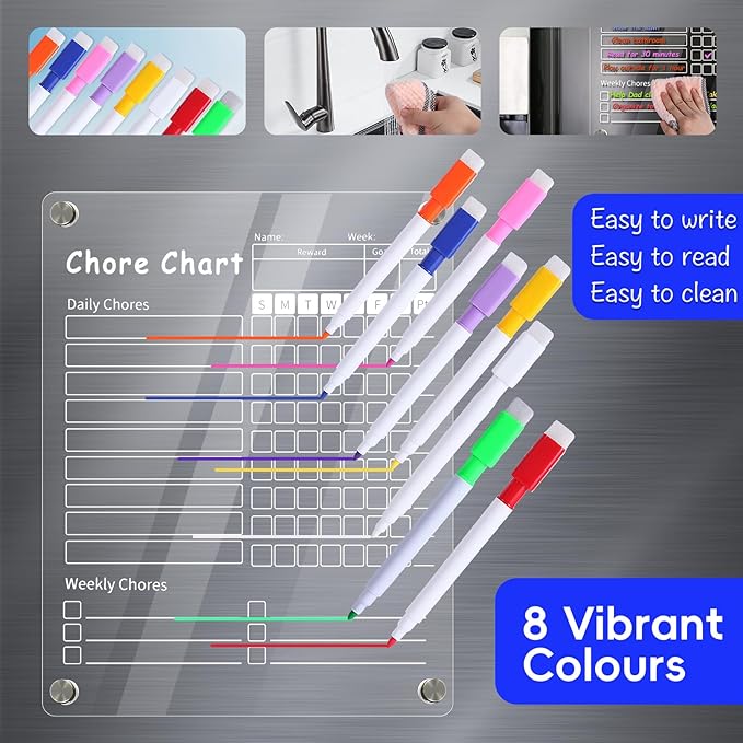 Acrylic Magnetic Chore Chart for Kids & Adult，12" x 9.5" Behavior Responsibility Reward Chart，at Home Clear Dry Erase Refrigerator Board for Multiple Kids & Teens(w/ 8 Markers & Towel)