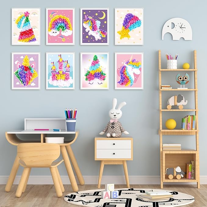 8PCS Poke-in Craft and Art Kit for Kid Unicorn Theme No-Mess Fabric Sewing Art Girls Boys 4-12 Puzzle Puncture Painting DIY Pastel Rainbow Toy Gift for Creative Activity Game Birthday Party