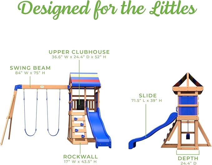Backyard Discovery Bay Pointe Cedar Wood Swing Set with Wave Slide, Play Deck, Rock Wall Ladder, Belt Swings, Chalkboard, Canopy Roof, Outdoor Playset
