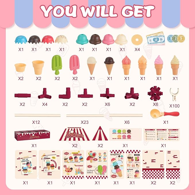 Icecream Cart for Kids,30 Pcs Pretend Play Food Truck, Fort Building STEM Toys Kit ,Ice Cream Shop,Grocery Store Pretend Play,Kids Toys for Girls & Boys(Ages 3+)